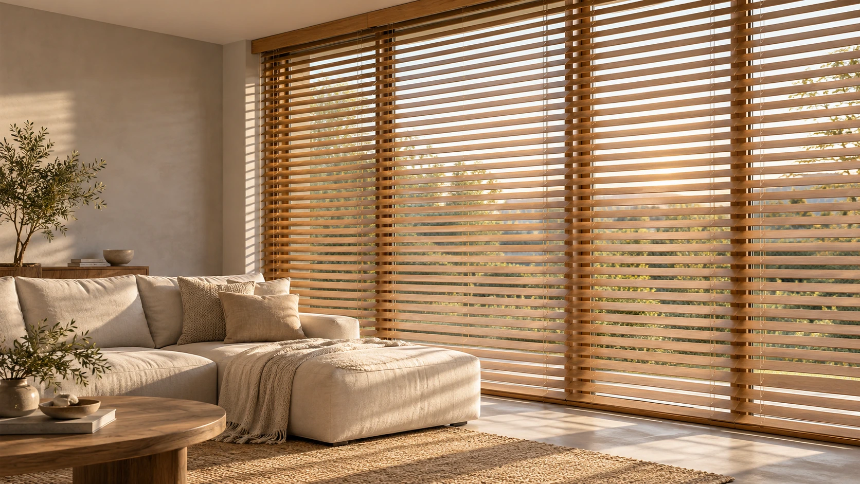 Doğal meşe ahşap jaluzilerle aydınlanan sıcak bir oturma odası